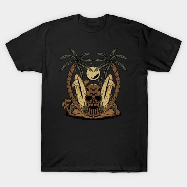 Tiki skull surfer palm trees beach .Hallloween T-Shirt by Prints by Hitz